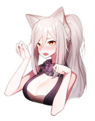 Rule 34 | 1girl, absurdres, animal ears, arknights, beudelb, black scarf, black shirt, breasts, cat ears, cat girl, cleavage, cropped torso, grey hair, hands up, highres, large breasts, open mouth, paw pose, ponytail, scarf, schwarz (arknights), shirt, sidelocks, simple background, solo, teeth, upper teeth only, white background, yellow eyes