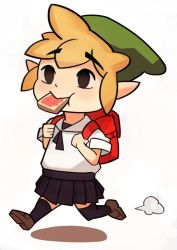 Rule 34 | 1boy, backpack, bag, blonde hair, bread slice, brown footwear, crossdressing, food, food in mouth, link, male focus, mouth hold, nintendo, pointy ears, shoes, simple background, skirt, solo, splashbrush, the legend of zelda, thighhighs, toast, toast in mouth