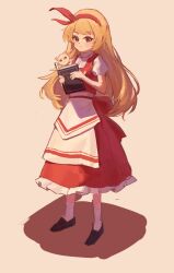 Rule 34 | 1girl, apron, black footwear, blonde hair, book, bow, cat, closed mouth, ellen (touhou), flat chest, frilled skirt, frills, full body, hair ribbon, hairband, happy, highres, holding, holding book, loafers, long hair, puffy short sleeves, puffy sleeves, red bow, red hairband, red ribbon, red skirt, red vest, ribbon, shirt, shoes, short sleeves, skirt, smile, sokrates (touhou), standing, touhou, touhou (pc-98), turtleneck, undershirt, very long hair, vest, waist apron, waist bow, white apron, white cat, white shirt, wine sparrow, yellow eyes