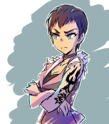 Rule 34 | 1girl, black hair, blue eyes, breasts, check commentary, cleavage, collar, commentary request, crossed arms, iesupa, rwby, short hair, sleeveless, solo, tattoo, torn clothes, torn sleeves, vernal (rwby)