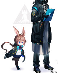 Rule 34 | 1boy, 1girl, 1other, aged down, amiya (arknights), animal ear fluff, animal ears, arknights, ascot, black footwear, black gloves, black jacket, black pants, black pantyhose, blue ascot, blue eyes, blue skirt, blush, brown hair, commentary request, doctor (arknights), gloves, hair between eyes, hand up, highres, holding, jacket, long hair, long sleeves, looking down, low ponytail, notepad, open clothes, open jacket, pants, pantyhose, pleated skirt, ponytail, puffy long sleeves, puffy sleeves, qys3, rabbit ears, shadow, shirt, shoes, skirt, sleeves past wrists, solo focus, standing, twitter username, very long hair, white background, white shirt