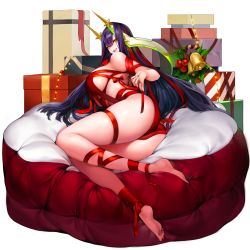 Rule 34 | 1girl, ass, barefoot, blush, box, breasts, christmas, echidna (last origin), fang, faux figurine, feet, from behind, full body, game cg, gift, gift box, highres, huge breasts, last origin, long hair, looking at viewer, looking back, multicolored hair, naked ribbon, official art, purple hair, red hair, ribbon, snowball22, solo, tachi-e, toes, transparent background, very long hair, yellow eyes