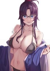 Rule 34 | 1girl, adashino hishiri, ahoge, bare shoulders, black bra, black panties, blue kimono, blush, bra, breasts, collarbone, commentary request, dated, fate (series), glasses, hair over breasts, highres, japanese clothes, kimono, large breasts, lips, lipstick, long hair, looking at viewer, lord el-melloi ii case files, makeup, navel, off shoulder, over-rim eyewear, panties, parted lips, ponytail, purple eyes, purple hair, semi-rimless eyewear, shiroi ume, sidelocks, signature, solo, underwear, undressing, white background