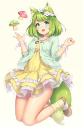 Rule 34 | 1girl, :d, animal ear fluff, animal ears, aqua eyes, aqua jacket, blush, breasts, brown footwear, dress, flower, fox ears, fox tail, frilled dress, frilled sleeves, frills, full body, green hair, hair flower, hair ornament, hands up, heart, heart necklace, highres, jacket, jewelry, jumping, kneehighs, looking at viewer, medium breasts, medium hair, mushroom, necklace, open clothes, open jacket, open mouth, original, pendant, sasaame, shiny skin, shoes, simple background, smile, socks, solo, swept bangs, tail, tareme, thighs, w arms, white flower, wristband, yellow background, yellow dress, yellow socks