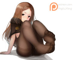 Rule 34 | 1girl, black pantyhose, breasts, brown eyes, brown hair, brown pantyhose, chacha (fate), fate/grand order, fate (series), feet, foot focus, gusset, hairband, half-closed eyes, long hair, magic xiang, no panties, pantyhose, see-through, simple background, solo, thighband pantyhose, underwear, underwear only, white background
