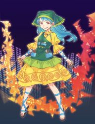 Rule 34 | 1girl, apron, arm ribbon, belt, between fingers, blue background, blue hair, blue ribbon, bow, brush, building, city, dress, fire, flower, flying, green apron, green belt, green bow, green headwear, grey footwear, haniyasushin keiki, highres, holding, leaf, leg ribbon, long hair, looking at viewer, open mouth, pink eyes, pocket, puffy short sleeves, puffy sleeves, ribbon, sandals, shikido (khf), short sleeves, skyscraper, smile, solo, touhou, white flower, yellow dress, yellow sleeves