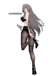 1girl absurdres ass black_bra black_footwear black_panties black_pantyhose blue_eyes blush bra breasts condom full_body fx-05_(girls&#039;_frontline) fx-05_(soaring_to_the_clouds)_(girls&#039;_frontline) girls&#039;_frontline glasses grey_hair high_heels highres holding holding_condom holding_shoe lingerie long_hair looking_at_viewer looking_back lynx_aidenn medium_breasts official_alternate_costume open_mouth panties pantyhose smile soles solo standing standing_on_one_leg thighs underwear white_background