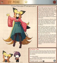 Rule 34 | 1boy, 1girl, absurdly long hair, animal hands, ankle boots, artist name, black eyes, black pantyhose, blonde hair, blunt bangs, boots, breasts, character profile, commentary, creatures (company), english commentary, english text, game freak, gen 2 pokemon, green skirt, highres, kinkymation, long hair, nintendo, pantyhose, personification, pichu, pokemon, pokemon ears, pokemon tail, skirt, small breasts, tail, very long hair, waving, wide sleeves
