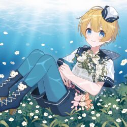 Rule 34 | 1boy, ahoge, aoi moi, blonde hair, blue eyes, blue footwear, blue shorts, boots, bouquet, chiri (ch!), double-parted bangs, flower, hat, high heel boots, high heels, highres, holding, holding bouquet, indie virtual youtuber, looking at viewer, official art, pantyhose, sailor hat, school uniform, shirt, shorts, sidelocks, sitting, stuffed animal, stuffed toy, trap, underwater, virtual youtuber, white flower, white shirt