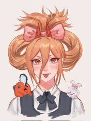 Rule 34 | &gt;:), 1girl, :p, alternate hairstyle, bow, chainsaw man, cinnamiku hairstyle, cinnamoroll, collared shirt, creature, creature on shoulder, cropped torso, cross-shaped pupils, demon horns, ear bow, hair between eyes, hair bow, hair rings, highres, horns, long bangs, looking at viewer, neck ribbon, on shoulder, orange eyes, orange hair, pink bow, pochita (chainsaw man), portrait, power (chainsaw man), red horns, ribbon, sanrio, shirt, simple background, smile, solo, straight-on, symbol-shaped pupils, taestymaee, tongue, tongue out, updo, v-shaped eyebrows, white background, white shirt