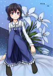 Rule 34 | 1girl, bad id, bad pixiv id, black eyes, black hair, black pantyhose, blue dress, blush, blush stickers, bow, chinese text, commentary request, dorei to no seikatsu ~teaching feeling~, dress, fengli, flower, hair between eyes, hair bow, hair ornament, hairclip, lily (flower), long hair, long sleeves, looking at viewer, no scar, no shoes, pantyhose, ponytail, sitting, smile, solo, sylvie (dorei to no seikatsu), translation request