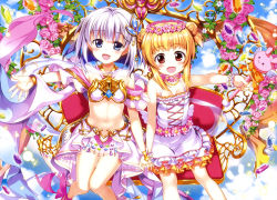 Rule 34 | 2girls, :d, above clouds, absurdres, bare shoulders, blonde hair, blue eyes, blue sky, blush, bracelet, breasts, cleavage, cloud, collarbone, copyright request, day, double bun, dress, earrings, eyes visible through hair, flower, flower necklace, frilled dress, frills, fujima takuya, gauntlets, gem, hair ornament request, head wreath, highres, holding, holding hands, holding staff, interlocked fingers, jewelry, keyhole, knees together feet apart, layered dress, looking at viewer, multiple girls, navel, necklace, official art, open mouth, outdoors, outstretched arm, pearl bracelet, pink flower, pleated skirt, red eyes, revealing clothes, scan, scrunchie, short hair, silver hair, single stripe, sitting, skirt, sky, sleeveless, sleeveless dress, small breasts, smile, staff, tongue, white dress, white frills, white scrunchie, white skirt, wrist scrunchie, yellow frills, yellow stripe