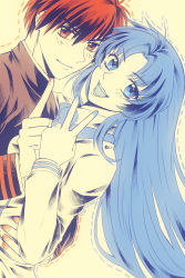 Rule 34 | 1boy, 1girl, blue eyes, blue hair, blue nails, cheek-to-cheek, chidori kaname, dutch angle, full metal panic!, heads together, highres, hug, index finger raised, long hair, looking at viewer, nail polish, open mouth, outline, red eyes, red hair, red nails, sagara sousuke, school uniform, shiki (the-sleeping-snow-white), short hair, smile, spiked hair, v