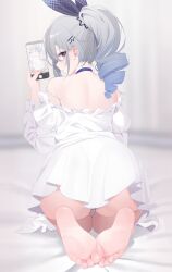 Rule 34 | 1girl, alternate costume, ass, back, bare shoulders, barefoot, blurry, blurry background, closed mouth, commentary, deyui, dress, drill hair, drill ponytail, english commentary, feet, from behind, gradient hair, grey eyes, grey hair, hair ornament, hairclip, highres, holding, holding phone, honkai: star rail, honkai (series), juliet sleeves, long sleeves, looking at viewer, looking back, multicolored hair, off shoulder, phone, puffy sleeves, purple hair, seiza, shirt, silver wolf (honkai: star rail), sitting, solo, toes, white dress, white shirt
