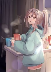 Rule 34 | 1girl, alternate costume, black thighhighs, blue hoodie, blush, brown eyes, chair, cup, hair ornament, hair scrunchie, highres, hood, hood down, hoodie, indoors, kantai collection, light brown hair, long hair, long sleeves, looking at viewer, mug, natsuki (gedo), parted lips, ponytail, scrunchie, skindentation, solo, steam, table, teapot, thighhighs, white scrunchie, zuihou (kancolle)