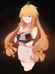 Rule 34 | 1girl, absurdres, blonde hair, brown hair, closed mouth, colorized, commentary, dinergate (girls&#039; frontline), english commentary, girls&#039; frontline, green eyes, hair ornament, halloween, halloween costume, highres, honordrunk, long hair, nail polish, night clothes, off shoulder, sangvis ferri, smile, solo, twintails