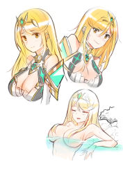 Rule 34 | 1girl, armor, bare shoulders, bathing, blonde hair, blush, breasts, cawang, cleavage, cleavage cutout, closed eyes, clothing cutout, female focus, gem, hair ornament, hair over breasts, headpiece, highres, jewelry, large breasts, long hair, matching hair/eyes, multiple views, mythra (xenoblade), nervous, nintendo, nude, shoulder armor, shy, smile, swept bangs, tiara, water, wet, xenoblade chronicles (series), xenoblade chronicles 2, yellow eyes