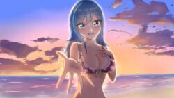 1girl beach bikini blue_eyes blue_hair breasts cleavage cloud cloudy_sky dusk fairy_tail highres juvia_lockser large_breasts long_hair looking_at_viewer navel ocean parted_lips reaching reaching_towards_viewer sky smile solo swimsuit underboob water