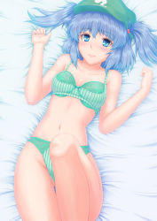 Rule 34 | 1girl, arms up, bad anatomy, blue eyes, blue hair, blush, bow, bow bra, bra, cucumber, female focus, floral print, green bra, green panties, hair bobbles, hair ornament, hat, kawashiro nitori, lingerie, lying, matching hair/eyes, nazal, on back, panties, smile, solo, touhou, twintails, two side up, underwear, underwear only