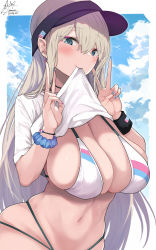 Rule 34 | 1girl, absurdres, bikini, blonde hair, blue eyes, blue nails, blue sky, breasts, cleavage, clothes lift, commentary request, double v, duplicate, ear piercing, earrings, fingernails, gyaru, hair between eyes, highres, jewelry, kogal, large breasts, lifting own clothes, light smile, long fingernails, long hair, looking at viewer, micro bikini, mouth hold, nail polish, navel, original, piercing, pixel-perfect duplicate, scrunchie, shirt, shirt lift, sky, solo, swimsuit, translation request, v, very long hair, visor cap, white bikini, white shirt, wrist scrunchie, yuzuki himuka