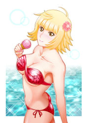 Rule 34 | 1girl, blonde hair, breasts, cleavage, flower, food, ice cream, large breasts, light smile, marguerite (one piece), ocean, one piece, solo, swimsuit, underboob, yuki1977