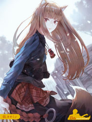 Rule 34 | 1girl, animal ears, anniversary, backlighting, brown eyes, brown hair, cart, cowboy shot, fur trim, highres, holo, kaoming, long hair, long sleeves, looking at viewer, official art, outdoors, pouch, skirt, sleeveless, sleeveless jacket, smile, solo, spice and wolf, tail, wheat, wolf ears, wolf girl, wolf tail