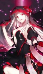 Rule 34 | 1girl, avenger class (fate), black dress, breasts, cleavage, craft essence (fate), dark persona, detached sleeves, dress, fate/grand order, fate/zero, fate (series), flower, hair flower, hair ornament, irisviel von einzbern, irisviel von einzbern (the black grail), justeaze lizrich von einzbern, long hair, looking at viewer, medium breasts, nakahara (mu tation), official art, open mouth, red eyes, resized, sideboob, silver hair, sleeveless, sleeveless dress, solo, upscaled, waifu2x