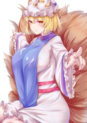 Rule 34 | 1girl, animal hat, breasts, closed mouth, colored eyelashes, dress, fox girl, fox tail, hat, highres, kitsune, large breasts, long sleeves, looking at viewer, mirufui, mob cap, multiple tails, short hair, simple background, sitting, smile, solo, tabard, tail, touhou, white background, white dress, white hat, wide sleeves, yakumo ran, yellow eyes