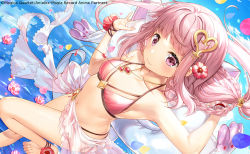 Rule 34 | 1girl, aniplex, ankle flower, armpits, arms up, bare arms, bare legs, barefoot, beads, bikini, blue sky, blunt bangs, bow, braid, breasts, camellia, closed mouth, cloud, cloudy sky, collarbone, corsage, day, dot nose, dutch angle, floating hair, flower, foot out of frame, foot up, from above, fujima takuya, glint, hair flower, hair ornament, hair tubes, halterneck, heart, heart hair ornament, jewelry, lens flare, lifebuoy, light particles, light smile, long hair, looking up, low-tied long hair, low ponytail, low twin braids, magia record: mahou shoujo madoka magica gaiden, mahou shoujo madoka magica, navel, necklace, pink bikini, pink eyes, pink hair, ripples, sarong, side-tie bikini bottom, sideboob, sidelocks, sky, small breasts, solo, soul gem, standing, standing on one leg, stomach, string bikini, swim ring, swimsuit, tamaki iroha, tamaki iroha (swimsuit ver.), twin braids, very long hair, wading, waist bow, water, wrist cuffs, wrist flower