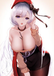 Rule 34 | 1girl, :o, absurdres, an yasuri, aran sweater, azur lane, bare shoulders, belfast (azur lane), belfast (shopping with the head maid) (azur lane), beret, between breasts, black legwear, black skirt, blush, breast hold, breasts, brown sweater, cable knit, choker, cleavage, collarbone, earrings, food, hat, hat ribbon, highres, hoop earrings, jewelry, large breasts, leaning forward, long hair, looking at viewer, off-shoulder sweater, off shoulder, pocky, ribbon, silver hair, skirt, smile, solo, sweater
