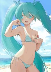 1girl aqua_bikini aqua_eyes aqua_hair armpits beach bikini cowboy_shot day hand_up hatsune_miku highres long_hair nami_(rick_nami) open_mouth outdoors side-tie_bikini_bottom solo standing strap_pull striped_bikini striped_clothes sweat swimsuit twintails untied_bikini very_long_hair vocaloid