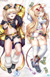 Rule 34 | + +, 1girl, :3, :d, ass, azur lane, bache (azur lane), bandaid, bandaid on knee, bandaid on leg, banknote, bed sheet, belt, belt pouch, black sailor collar, blonde hair, chain, clothes lift, commentary, cuddly octopus, dakimakura (medium), dollar bill, english commentary, eyewear on head, fake tail, fang, fishnet thighhighs, fishnets, full body, fur-trimmed jacket, fur trim, hand on own ass, hat, highres, jacket, jewelry, krokobyaka, leash, lifted by self, long hair, looking at viewer, looking back, lying, micro shorts, money, multiple views, navel, ok sign, on back, on stomach, open clothes, open jacket, open mouth, open shorts, pantyhose, pouch, puffy short sleeves, puffy sleeves, purple eyes, rabbit tail, ring, sailor collar, shirt, shirt lift, short sleeves, shorts, single thighhigh, sleeveless, sleeveless shirt, smile, tail, thighhighs, twintails, two side up, watermark, white thighhighs, yellow jacket