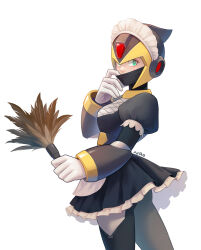 Rule 34 | 1girl, absurdres, apron, ass, black dress, black mask, breasts, chinese commentary, commentary, cowboy shot, dress, duster, feather duster, forehead jewel, genderswap, genderswap (mtf), gloves, green eyes, grey armor, grey helmet, hand on own face, highres, holding, holding tool, looking at viewer, maid, maid apron, maid day, maid headdress, mask, mask pull, medium breasts, mega man (series), mega man x (series), mouth mask, nao (gatita), ninja, petticoat, revision, robot, shadow armor x (mega man), signature, simple background, white apron, white background, white gloves, x (mega man)