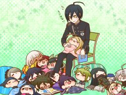 Rule 34 | 6+boys, 6+girls, ahoge, akamatsu kaede, amami rantaro, android, antenna hair, argyle, argyle background, barbed wire, bean bag chair, beanie, belt, black-framed eyewear, black belt, black choker, black eyes, black gloves, black hair, black hat, black jacket, black mask, black pants, black sleeves, blanket, blazer, blonde hair, blue bow, blue bowtie, blue hair, blue shirt, blue sleeves, blunt bangs, book, book stack, bow, bowtie, brown-framed eyewear, brown hair, brown sleeves, bug, butterfly, buttons, chabashira tenko, chibi, choker, closed eyes, closed mouth, coat, coat partially removed, collared jacket, collared shirt, covered mouth, crest, crossed arms, danganronpa (series), danganronpa v3: killing harmony, dark-skinned female, dark skin, double-breasted, drooling, earrings, everyone, eyelashes, facial hair, floral background, floral print, flying sweatdrops, fortissimo, full body, gem hair ornament, glasses, gloves, goatee, goggles, goggles on head, gokuhara gonta, green background, green bow, green hair, green hat, green jacket, green pants, green sleeves, grey hair, grey hairband, grey jacket, hair bow, hair ornament, hair over one eye, hair ribbon, hair scrunchie, hairband, harukawa maki, hat, high collar, holding, holding book, holding clothes, holding hat, holding wrench, horned hat, hoshi ryoma, insect, iruma miu, jacket, jewelry, k1-b0, lace-trimmed hairband, lace trim, lap pillow, layered sleeves, leather, leather jacket, light blush, long hair, long sleeves, lying, mask, messy hair, momota kaito, mouth mask, multiple boys, multiple bracelets, multiple girls, musical note, musical note hair ornament, nervous smile, nervous sweating, no headwear, o-ring, o-ring belt, oma kokichi, on back, on chair, on stomach, open book, open clothes, open jacket, pale skin, pants, peaked cap, pendant, pillow, pink serafuku, pink shirt, pink sleeves, pinstripe jacket, pinstripe pants, pinstripe pattern, pinstripe sleeves, pocket, polka dot, polka dot background, purple coat, purple hair, red hair, red scrunchie, ribbon, round eyewear, saihara shuichi, sailor collar, school uniform, scrunchie, serafuku, shinguji korekiyo, shirogane tsumugi, shirt, short hair, short sleeves, simple background, sitting, skirt, skirt set, sleeping, smile, solid oval eyes, space print, spiked hair, starry sky print, straight hair, striped clothes, striped shirt, striped sleeves, stud earrings, sweat, sweatdrop, tojo kirumi, two-sided coat, two-sided fabric, under covers, unmoving pattern, wavy mouth, white eyes, white hair, white ribbon, white sailor collar, wide sleeves, wrench, yellow eyes, yellow raincoat, yellow sleeves, yonaga angie, yumaru (marumarumaru), yumeno himiko, zipper, zipper pull tab