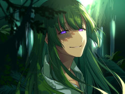 Rule 34 | 1boy, androgynous, asada hachi, character request, check character, commentary, dappled sunlight, dated commentary, enkidu (fate), fate/grand order, fate (series), foliage, forest, glowing, green hair, green theme, kingu (fate), long hair, looking at viewer, male focus, nature, other focus, outdoors, parted lips, purple eyes, robe, smile, solo, sunlight, upper body