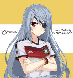 Rule 34 | &gt;:(, 10s, 1girl, 2014 fifa world cup, adidas, blush, character name, crossed arms, eyepatch, frown, german text, germany, infinite stratos, laura bodewig, long hair, looking at viewer, npcpepper, red eyes, silver hair, soccer, soccer uniform, solo, sportswear, translated, typo, v-shaped eyebrows, world cup, wristband