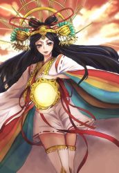 Rule 34 | 10s, black hair, boots, cardfight!! vanguard, glowing, goddess of the sun amaterasu, hair ornament, headdress, japanese clothes, kimono, long hair, looking at viewer, mirror, oracle think tank, thigh boots, thighhighs, yellow eyes