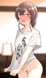 Rule 34 | 1girl, blurry, blurry background, blush, braid, breasts, brown hair, cleft of venus, collarbone, cowboy shot, female pubic hair, furaggu (frag 0416), hair between eyes, highres, kantai collection, long hair, looking at viewer, no panties, no pants, open mouth, orange eyes, pubic hair, pussy, single braid, small breasts, solo, souya (kancolle)