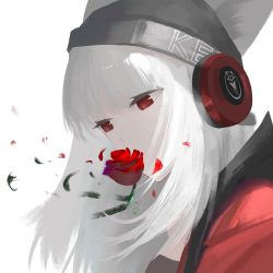 Rule 34 | 1girl, animal ears, arknights, beanie, black hat, clothes writing, cuo cuo yu lian, ears through headwear, flower, fox ears, fox girl, frostleaf (arknights), hat, headphones, highres, implied extra ears, jacket, long hair, portrait, red eyes, red flower, red jacket, red rose, rose, simple background, solo, white background, white hair