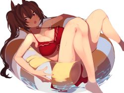 Rule 34 | 1girl, animal ears, bare arms, bare legs, bare shoulders, barefoot, bikini, blush, breasts, brown hair, cleavage, daiwa scarlet (trifle vacation) (umamusume), daiwa scarlet (umamusume), fang, hair between eyes, hair intakes, horse ears, horse girl, horse tail, innertube, large breasts, long hair, official alternate costume, open mouth, red bikini, red eyes, simple background, skin fang, solo, swim ring, swimsuit, tail, twintails, umamusume, wat (worldlog), white background