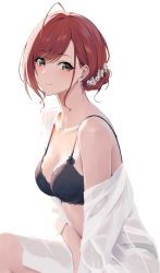 Rule 34 | 1girl, ahoge, arisugawa natsuha, black bra, bra, breasts, brown hair, cleavage, earrings, from side, gin00, hair bun, hair ornament, highres, idolmaster, idolmaster shiny colors, jewelry, light smile, looking at viewer, medium breasts, open clothes, open shirt, parted lips, red hair, shirt, simple background, single hair bun, sitting, smile, solo, swept bangs, underwear, white background, white shirt