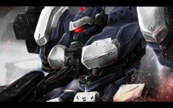 Rule 34 | armored core, glowing, glowing eyes, highres, holding, holding weapon, letterboxed, mecha, nekominase, no humans, out of frame, robot, sparks, weapon