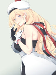 Rule 34 | 1girl, beret, blonde hair, blue eyes, blush, breasts, dress, gradient background, hair between eyes, hat, highres, kantai collection, large breasts, long hair, looking at viewer, mole, mole under eye, mole under mouth, pom pom (clothes), richelieu (kancolle), scarf, shingyou (alexander-13), smile, solo, strapless, strapless dress, two-tone dress, two-tone gloves, two-tone legwear