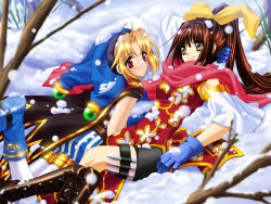 Rule 34 | alexander pastener, apocripha/0, blonde hair, blue footwear, blue gloves, blush, boots, bow, brown footwear, brown hair, cape, china dress, chinese clothes, couple, cross-laced footwear, dress, floral dress, floral print, gloves, hair bow, lace-up boots, legband, lhodo chrosite, long hair, pants, ponytail, red dress, red eyes, scarf, shoes, short hair, snow, striped clothes, striped pants, thigh strap, traditional clothes, yellow bow, yellow eyes