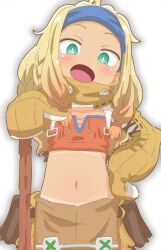 Rule 34 | 1girl, blonde hair, blue headband, blush, character request, dated, elbow gloves, glaze artifacts, gloves, green eyes, hand on own hip, headband, highres, long hair, looking at viewer, monster hunter (series), monster hunter wilds, navel, open mouth, orange gloves, pointing, pointing at viewer, solo, tabayan jigokuhen, tan, tanline, tongue, white background