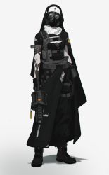 Rule 34 | 1girl, ammunition pouch, arm strap, arm tattoo, belt, black belt, black cape, black dress, black footwear, black pants, boots, buckle, cape, cross, cross necklace, cross print, dog tags, dress, full body, gas mask, habit, highres, holding, holding weapon, holster, jewelry, latin cross, looking at viewer, mask, necklace, nilzynox, nun, original, pants, pouch, round eyewear, short sleeves, smoke grenade, snap-fit buckle, solo, standing, tattoo, thigh holster, thigh strap, weapon, weapon request