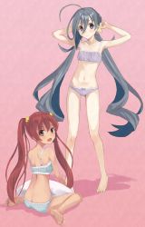 Rule 34 | 2girls, :d, ahoge, arms up, ashiya hiro, bare arms, bare legs, bare shoulders, barefoot, blue hair, blush, bow, bow panties, bra, brown eyes, brown hair, closed mouth, collarbone, commentary request, dark-skinned female, dark skin, fang, green bra, green panties, hair between eyes, hair bow, highres, kantai collection, kiyoshimo (kancolle), libeccio (kancolle), long hair, looking back, low twintails, multicolored hair, multiple girls, navel, open mouth, panties, pillow, pink background, purple bra, purple eyes, purple panties, silver hair, sitting, smile, standing, twintails, twitter username, underwear, underwear only, very long hair, wariza, yellow bow