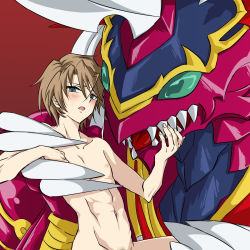 Rule 34 | 10s, 1boy, abs, blush, brown hair, cardfight!! vanguard, green eyes, highres, kai toshiki, male focus, monster, muscular, nipples, size difference, sweat, tagme
