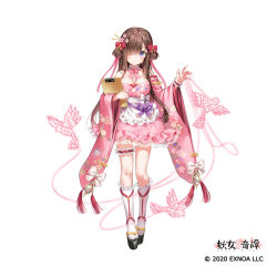 Rule 34 | 1girl, apron, black footwear, blush, breasts, bridal garter, brown hair, cleavage, clipboard, closed mouth, commentary request, copyright notice, copyright request, frilled apron, frilled socks, frills, full body, hair over one eye, japanese clothes, kimono, kneehighs, long hair, long sleeves, marmoset (marmoset0), medium breasts, off shoulder, official art, pink kimono, purple eyes, sandals, simple background, smile, socks, solo, standing, two side up, very long hair, waist apron, watermark, white apron, white background, white socks, wide sleeves, zouri