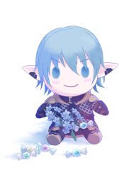 Rule 34 | 1boy, armor, belt collar, blue eyes, blue hair, candy, chainmail, character doll, closed mouth, final fantasy, final fantasy xiv, flower, fumo (doll), haurchefant greystone, highres, lopear, no humans, simple background, smile, stuffed toy, white background, wrapped candy